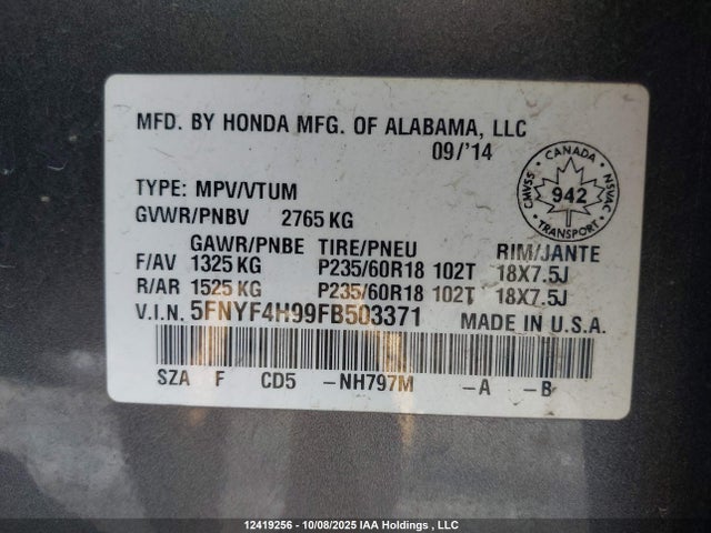 Honda j35z4 2015 5FNYF4H99FB503371 Image 9