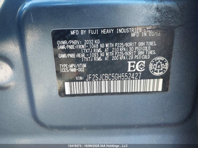 Subaru naturally aspirated c0 2016 JF2SJCBC5GH552427 Image 9