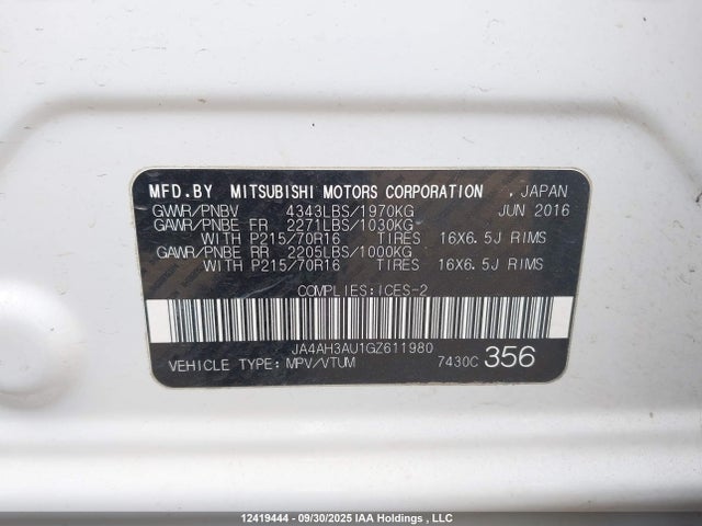 JA4AH3AU1GZ611980 Mitsubishi dohc mivec