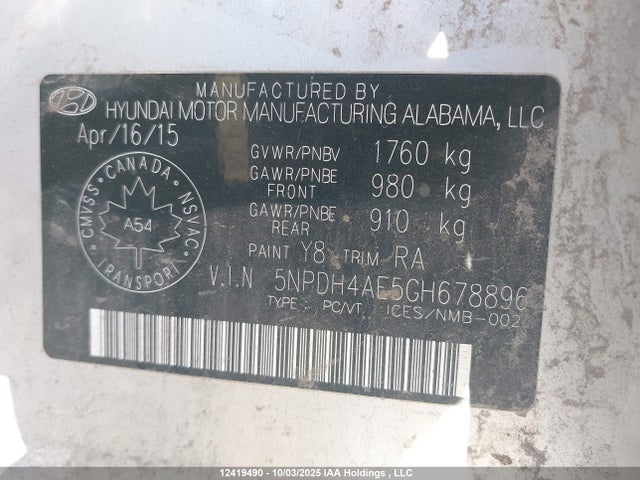 Hyundai dohc mpi nu 2016 5NPDH4AE5GH678896 Image 19