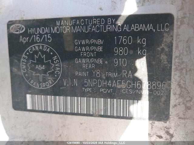 Hyundai dohc mpi nu 2016 5NPDH4AE5GH678896 Image 9