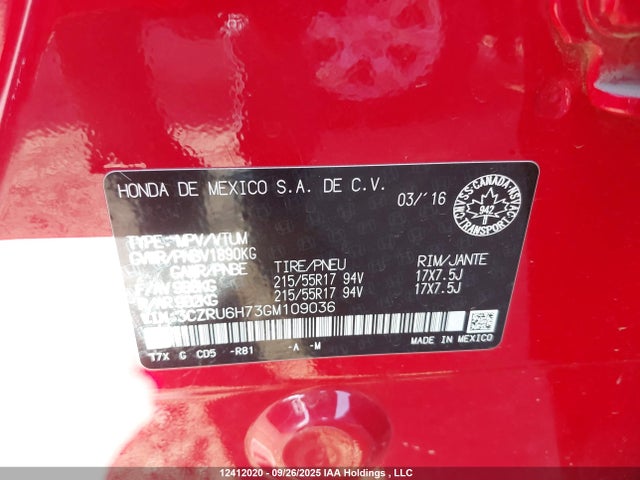 3CZRU6H73GM109036 Honda r18z9