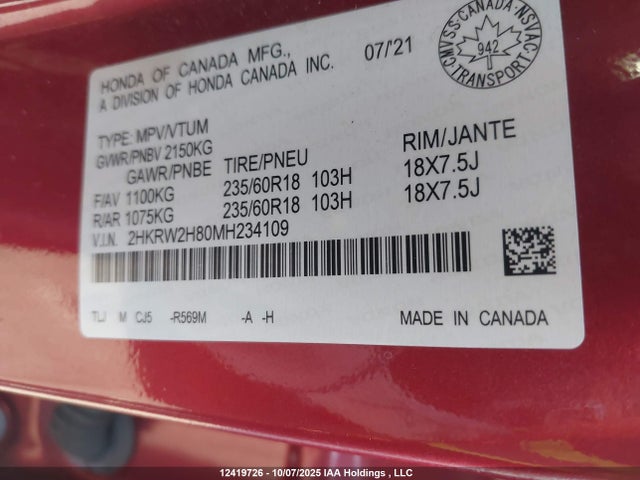 2HKRW2H80MH234109 Honda l15be