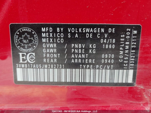 3VWB17AU5JM282731 Volkswagen 2018