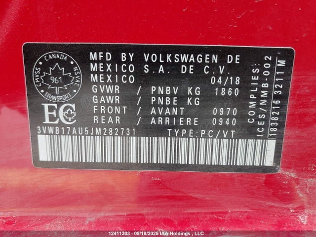 3VWB17AU5JM282731 Volkswagen 2018