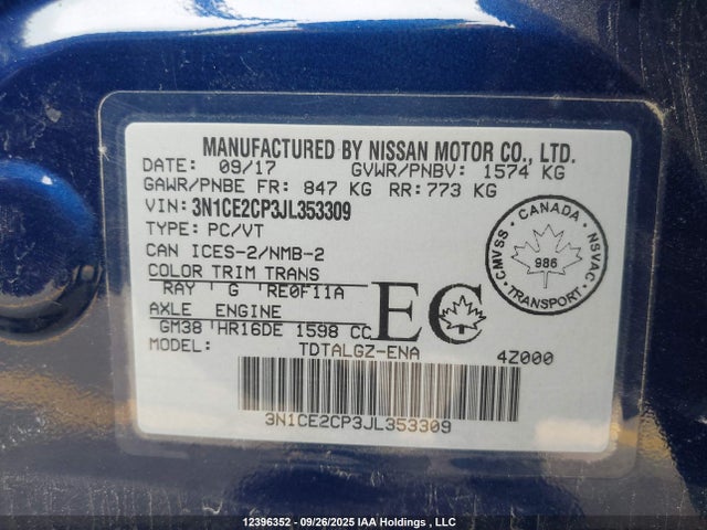 Nissan 2018 2018 3N1CE2CP3JL353309 Image 9