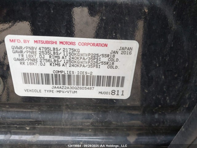 12419864 :رقم المزاد ، JA4AZ2A30GZ605487 vin ، 2016 Mitsubishi Outlander Es مزاد بيع