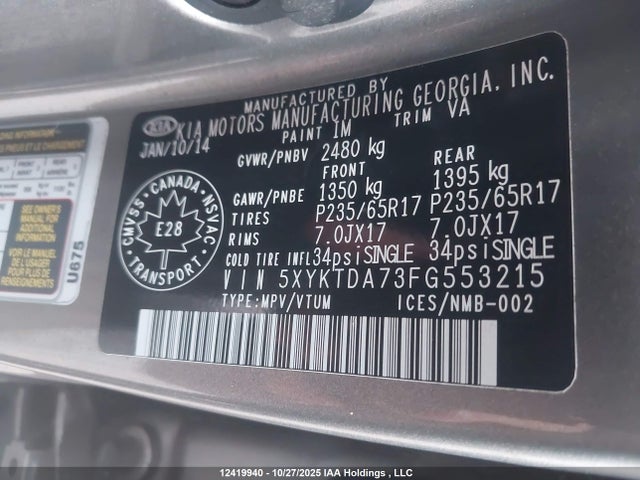 2015 Kia Sorento Lx მანქანა იყიდება აუქციონზე, vin: 5XYKTDA73FG553215, აუქციონის ნომერი: 12419940