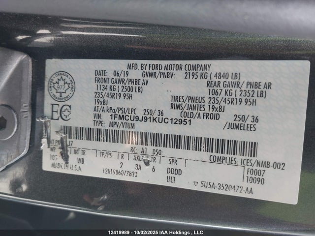 Ford Escape 2019 1FMCU9J91KUC12951 Image 9