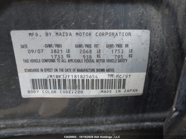 12420002 :رقم المزاد ، JM1BK32F181825654 vin ، 2008 Mazda Mazda3 Gs/gx مزاد بيع
