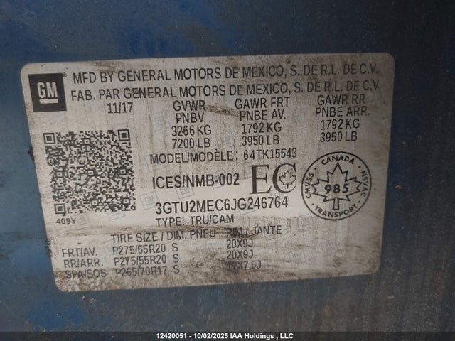 GMC l83 -spark ignited direct injection, variable valve timing, afm, e85 max, alum 2018 3GTU2MEC6JG246764 Image 9