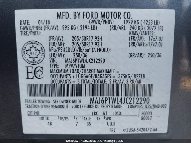 MAJ6P1WL4JC212290 Ford 2018
