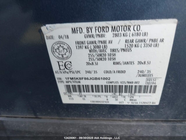 Ford 3.5l ti-vct 2018 1FM5K8F86JGB61002 Image 9