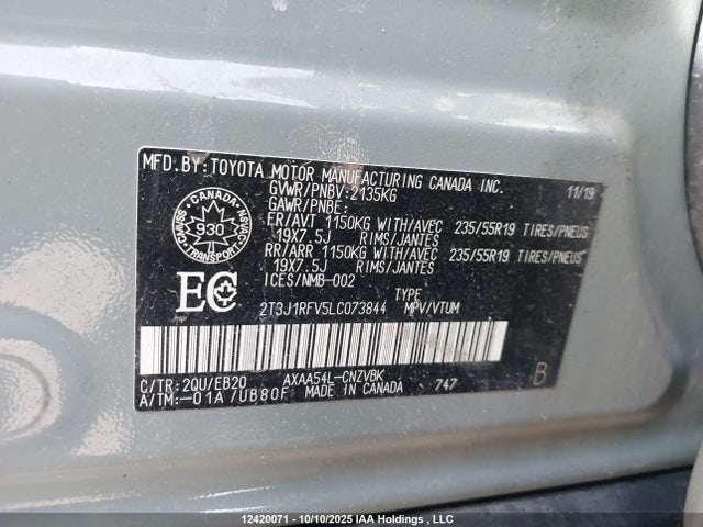 Aukcja sprzedaży 2020 Toyota Rav4 Trail, vin: 2T3J1RFV5LC073844, numer aukcji: 12420071