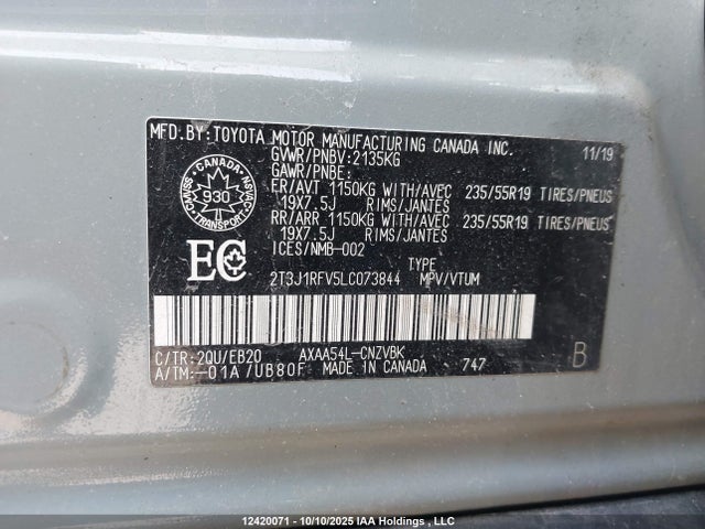Aukcja sprzedaży 2020 Toyota Rav4 Trail, vin: 2T3J1RFV5LC073844, numer aukcji: 12420071