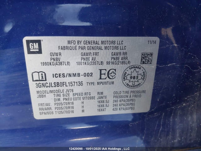 3GNCJLSB0FL157136 Chevrolet TRAX 1LT