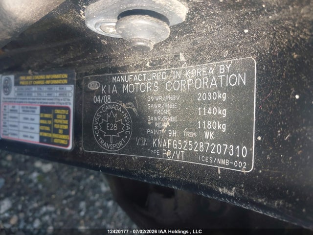 2008 Kia Rondo მანქანა იყიდება აუქციონზე, vin: KNAFG525287207310, აუქციონის ნომერი: 12420177