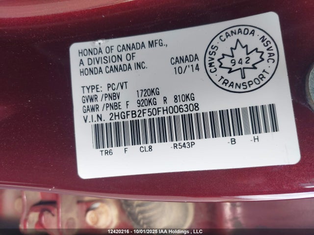Honda r18z1 2015 2HGFB2F50FH006308 Image 9