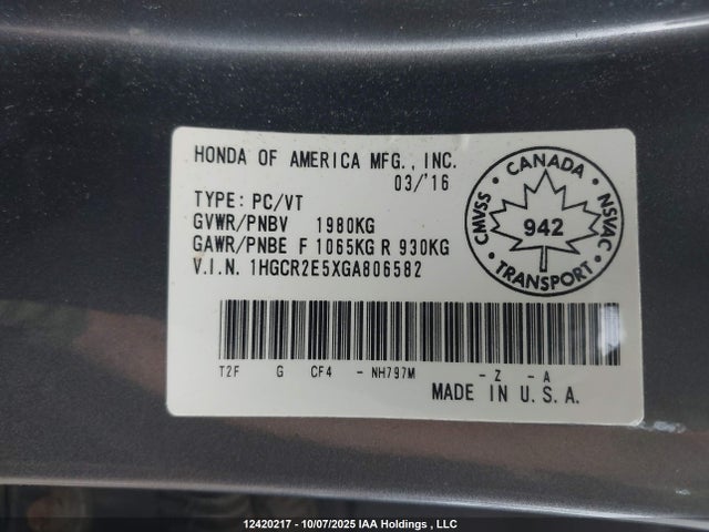 1HGCR2E5XGA806582 Honda k24w1