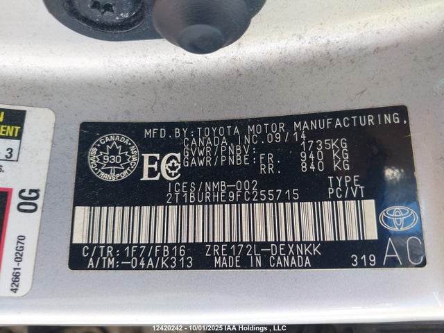 2015 Toyota Corolla მანქანა იყიდება აუქციონზე, vin: 2T1BURHE9FC255715, აუქციონის ნომერი: 12420242