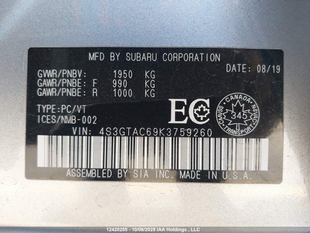 Subaru Impreza 2019 4S3GTAC69K3759260 Image 9