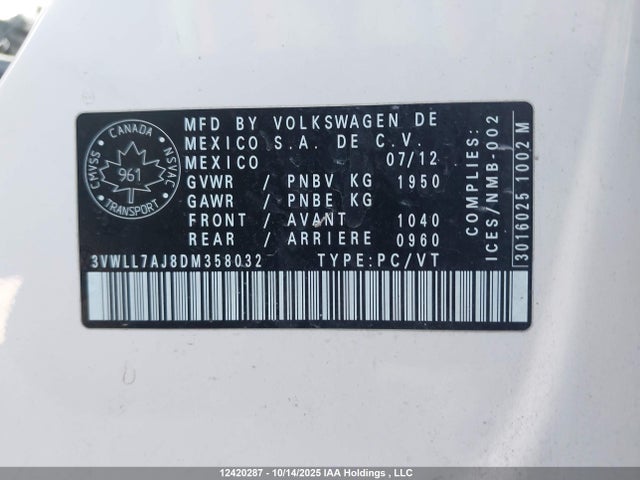 12420287 :رقم المزاد ، 3VWLL7AJ8DM358032 vin ، 2013 Volkswagen Jetta 2.0 Tdi Highline مزاد بيع