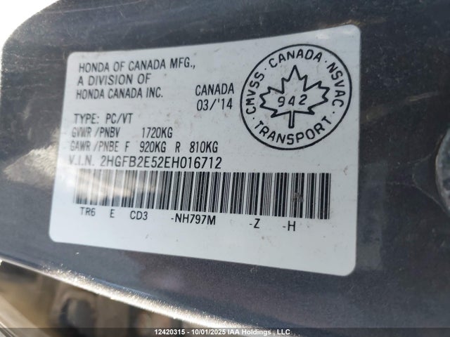 Honda r18z1 2014 2HGFB2E52EH016712 Image 9