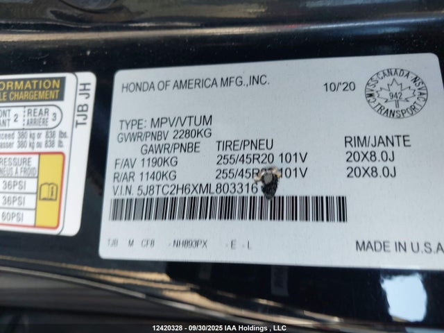 Acura k20c4 2021 5J8TC2H6XML803316 Image 9
