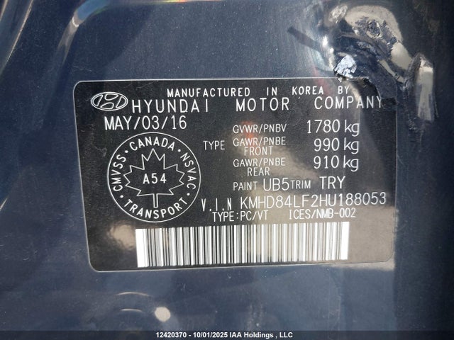 KMHD84LF2HU188053 Hyundai Elantra