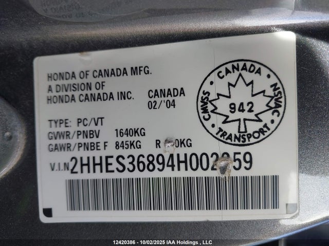 2004 Acura 1.7el Premium მანქანა იყიდება აუქციონზე, vin: 2HHES36894H002259, აუქციონის ნომერი: 12420386