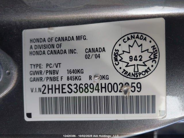 2004 Acura 1.7el Premium მანქანა იყიდება აუქციონზე, vin: 2HHES36894H002259, აუქციონის ნომერი: 12420386