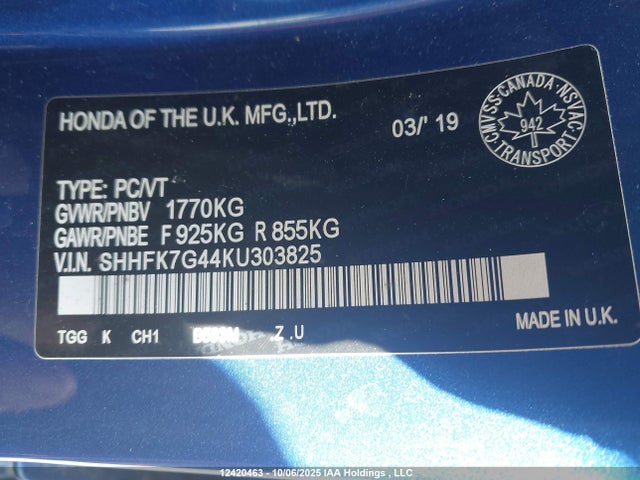 SHHFK7G44KU303825 Honda l15ba