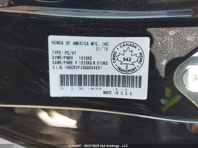 1HGCR2F39GA804691 Honda k24w1