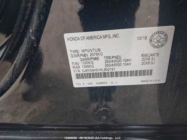 Acura j35y5 2019 5J8YD4H01KL802191 Image 9