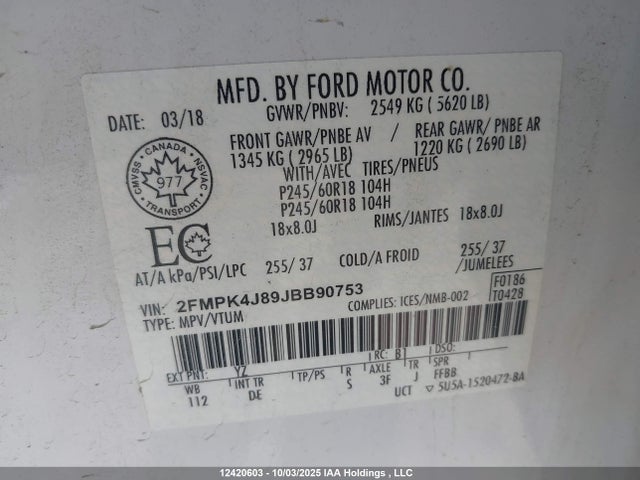 Ford 2018 2018 2FMPK4J89JBB90753 Image 9