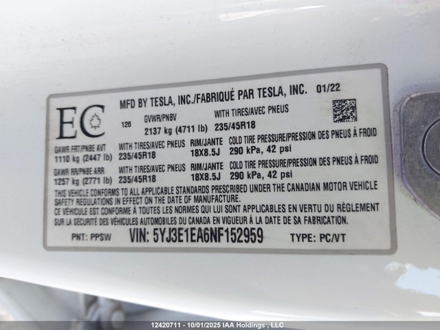 Tesla MODEL 3 2022 5YJ3E1EA6NF152959 Image 19