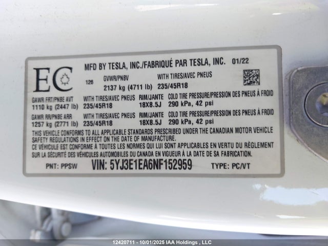 Tesla MODEL 3 2022 5YJ3E1EA6NF152959 Image 9
