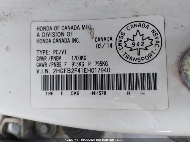 Продаж на аукціоні авто 2014 Honda Civic Lx, vin: 2HGFB2F41EH017940, номер лоту: 12420719