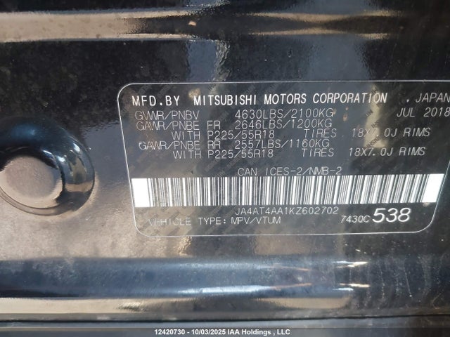 Mitsubishi tc/ic mivec 2019 JA4AT4AA1KZ602702 Image 9