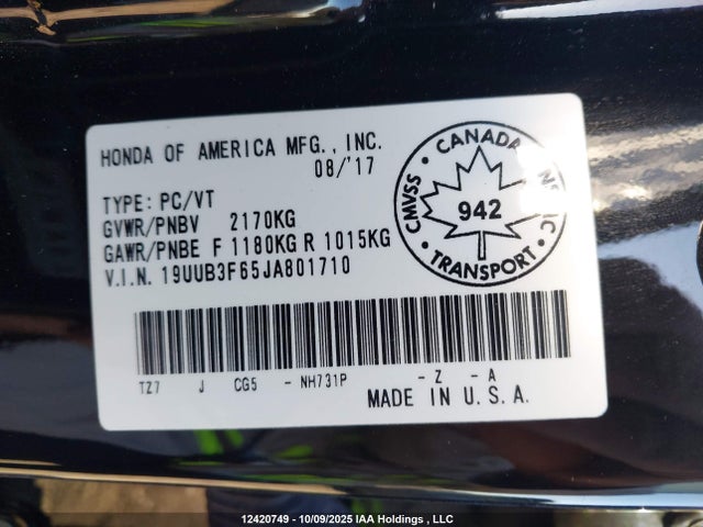 Acura j35y6 2018 19UUB3F65JA801710 Image 9