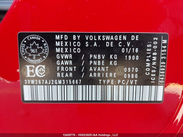 3VW267AJ2GM315667 Volkswagen 1.4t