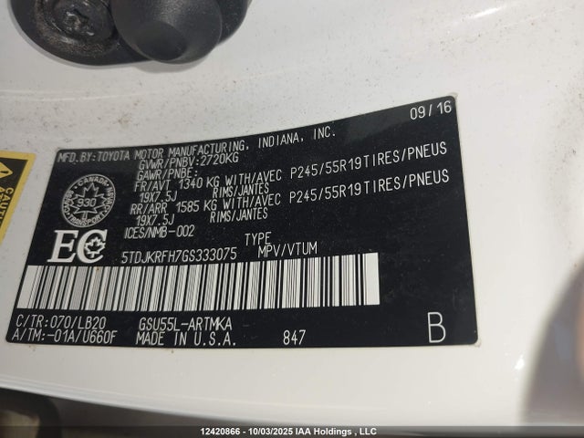Toyota 2gr-fe 2016 5TDJKRFH7GS333075 Image 9