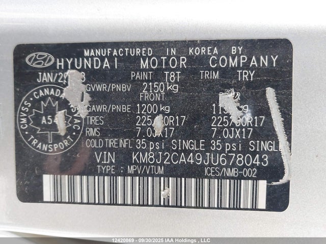 12420869 :رقم المزاد ، KM8J2CA49JU678043 vin ، 2018 Hyundai Tucson Base 2.0l مزاد بيع
