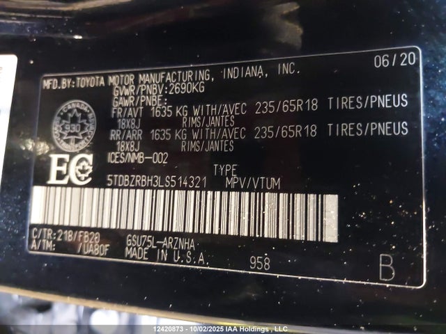 2020 Toyota Highlander L/le მანქანა იყიდება აუქციონზე, vin: 5TDBZRBH3LS514321, აუქციონის ნომერი: 12420873