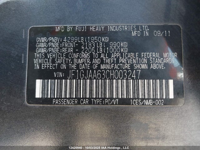 12420940 :رقم المزاد ، JF1GJAA63CH003247 vin ، 2012 Subaru Impreza 2.0i مزاد بيع