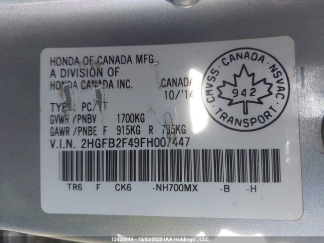 Honda r18z1 2015 2HGFB2F49FH007447 Image 19