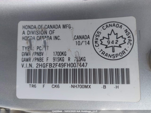 Honda r18z1 2015 2HGFB2F49FH007447 Image 9