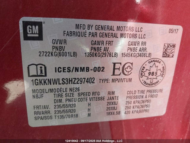 1GKKNWLS3HZ297402 GMC lgx - di: direct injection, vvt: variable valve timing, alum, gen 2