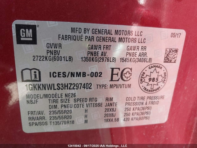 1GKKNWLS3HZ297402 GMC lgx - di: direct injection, vvt: variable valve timing, alum, gen 2