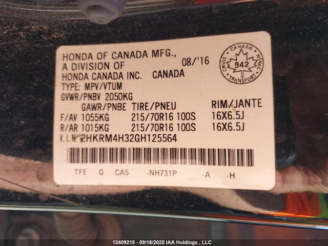 2HKRM4H32GH125564 Honda k24w9